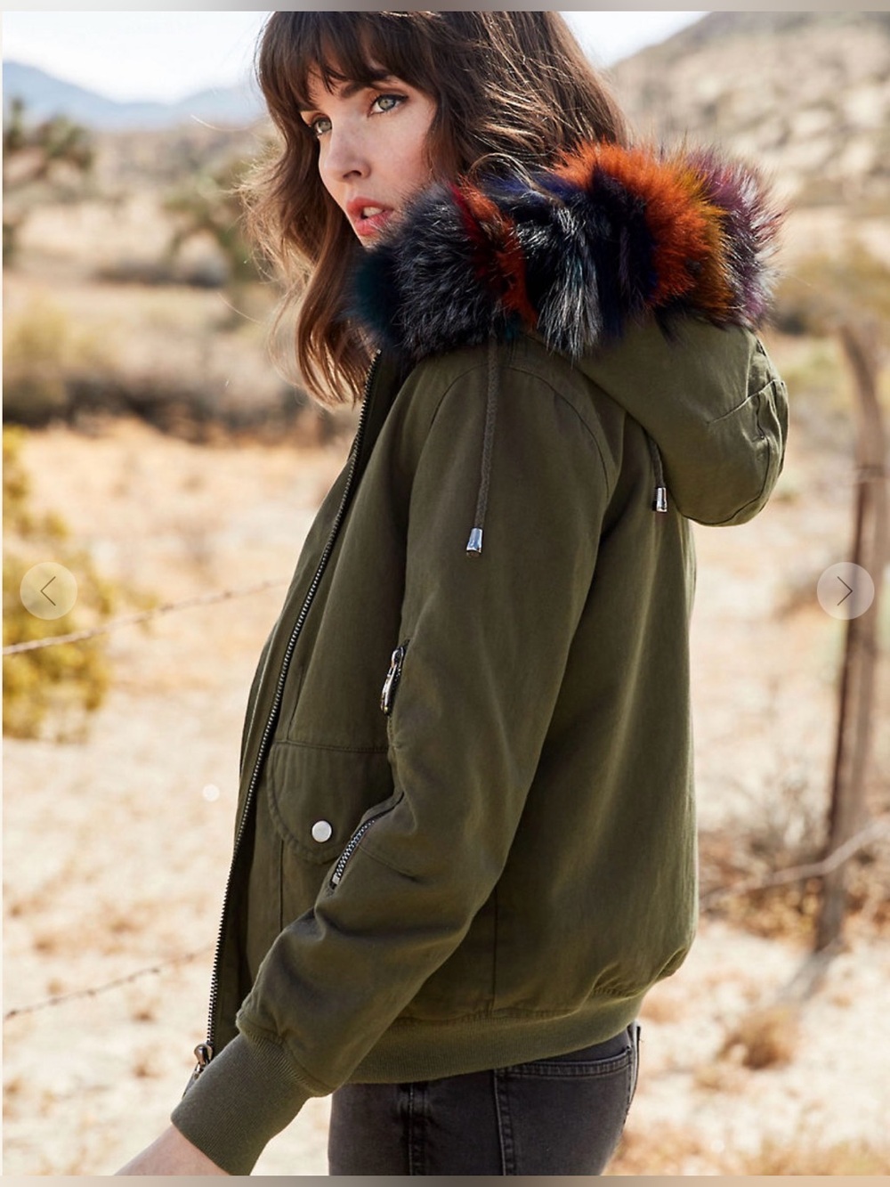 Canvas Hooded Jacket with Fox Fur Trim and Detachable Rabbit Fur Vest